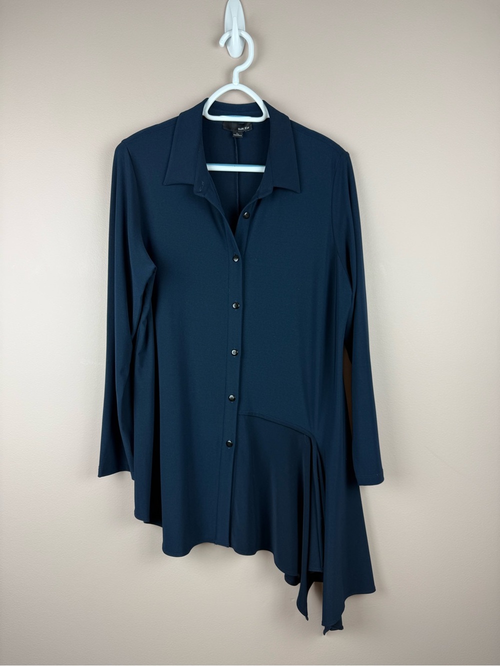 SUN KIM | navy Blue Long sleeve button down asymmetrical Tunic Blouse large L